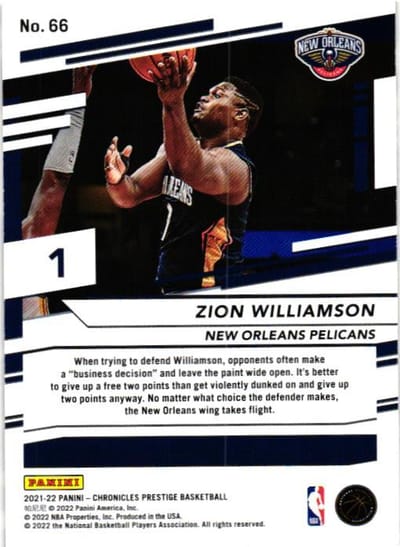 Tarjeta de Baloncesto Zion Williamson 2021-22 (reverso)