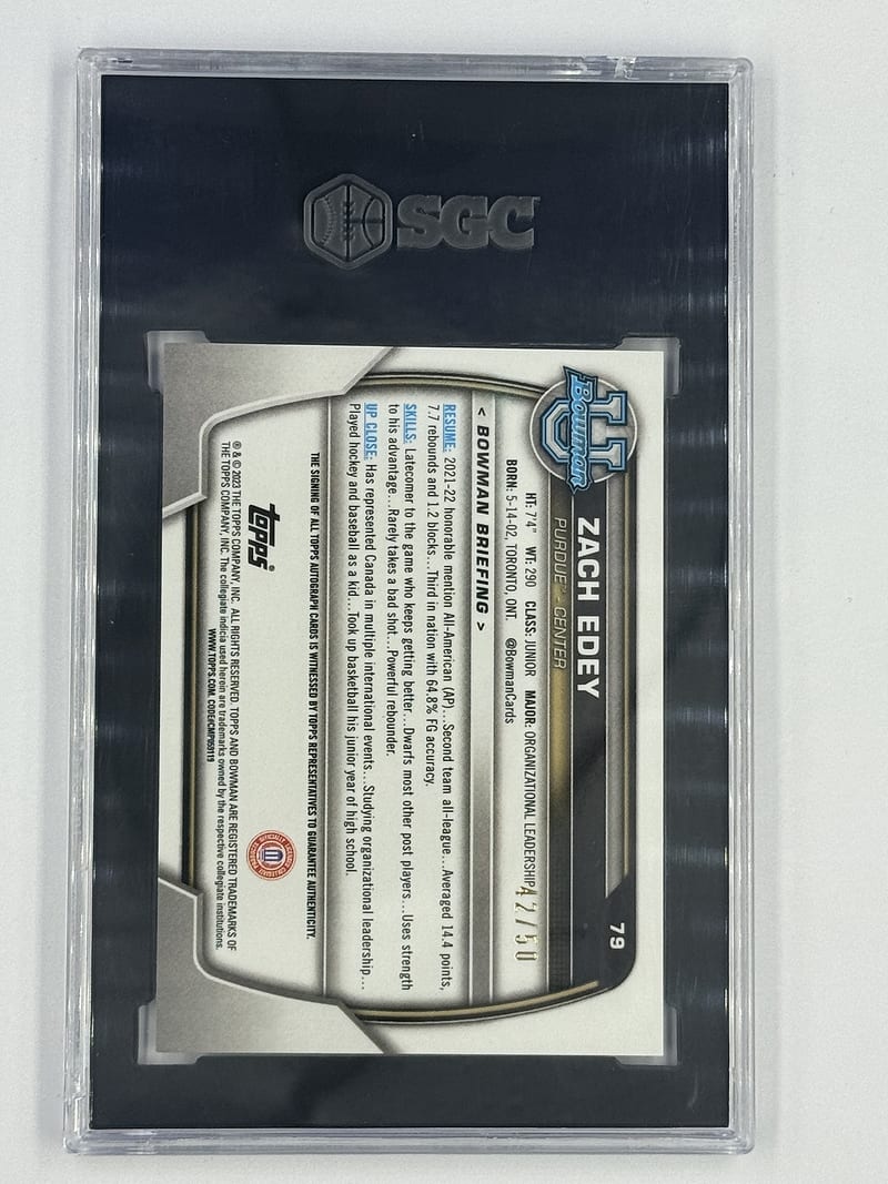 2022-23 Bowman U Chrome - Zach Edey #79 Gold Lava Refractor Autografiada (reverso)